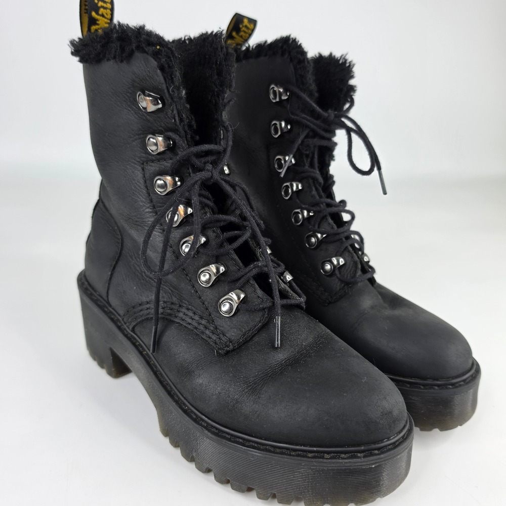 Dr Martens Leona FL Black Leather Faux Fur Lined Platform Heeled Combat Boots 6L